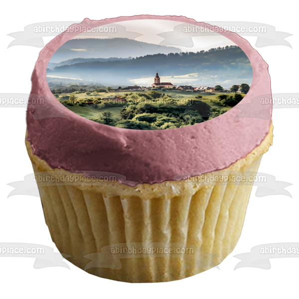 Town Surrounded by Mountains Edible Cake Topper Image ABPID52932 Fashion