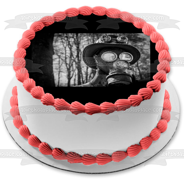 Person Wearing a Gas Mask Black and White Edible Cake Topper Image ABPID52928 Hot on Sale