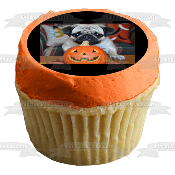 Happy Halloween Jack-O-Lantern Pug Puppy Edible Cake Topper Image ABPID52930 For Sale