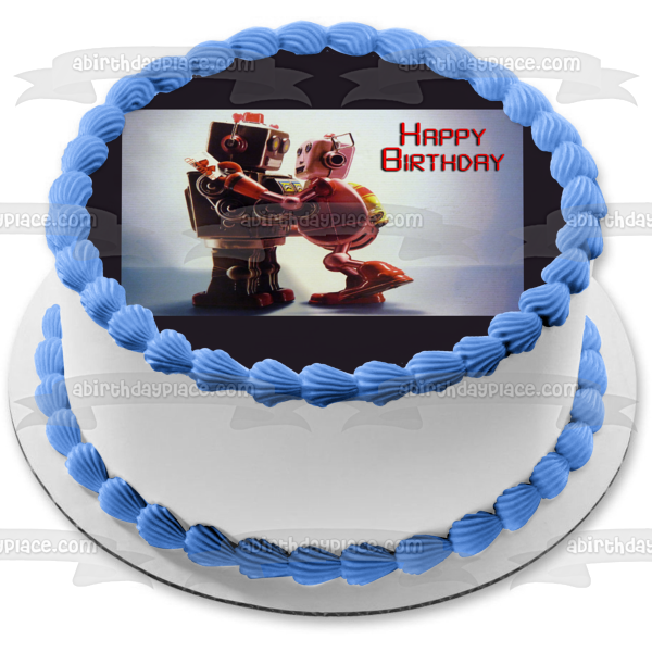 Toy Robots In Love Dancing Happy Birthday Edible Cake Topper Image ABPID52952 on Sale