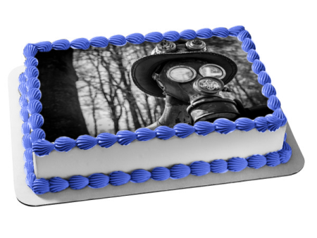 Person Wearing a Gas Mask Black and White Edible Cake Topper Image ABPID52928 Hot on Sale