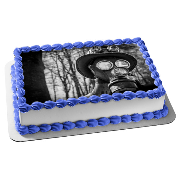 Person Wearing a Gas Mask Black and White Edible Cake Topper Image ABPID52928 Hot on Sale