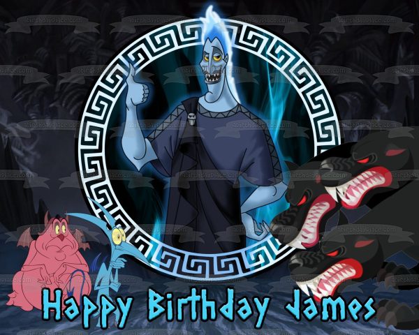 Disney Hercules Hades Cerberus Pain and Panic Happy Birthday Your Personalized Name Edible Cake Topper Image ABPID52842 Supply