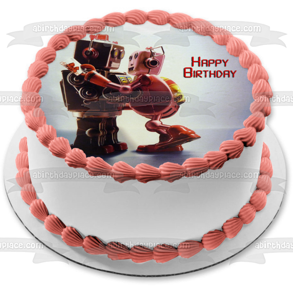 Toy Robots In Love Dancing Happy Birthday Edible Cake Topper Image ABPID52952 on Sale