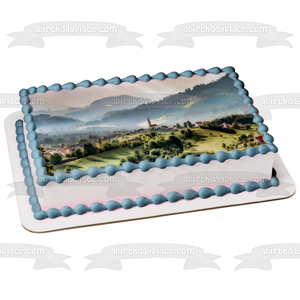 Town Surrounded by Mountains Edible Cake Topper Image ABPID52932 Fashion