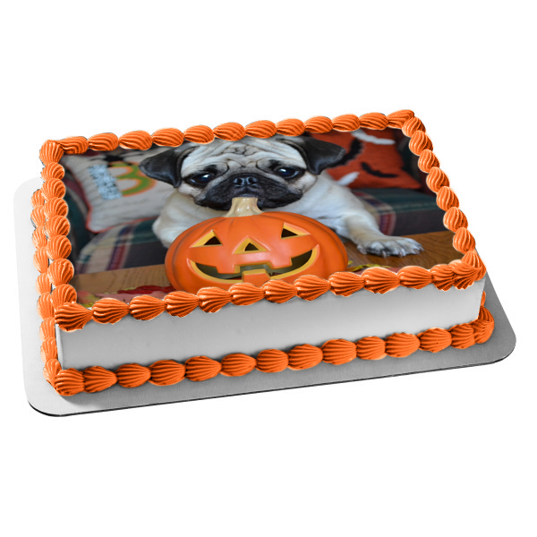 Happy Halloween Jack-O-Lantern Pug Puppy Edible Cake Topper Image ABPID52930 For Sale